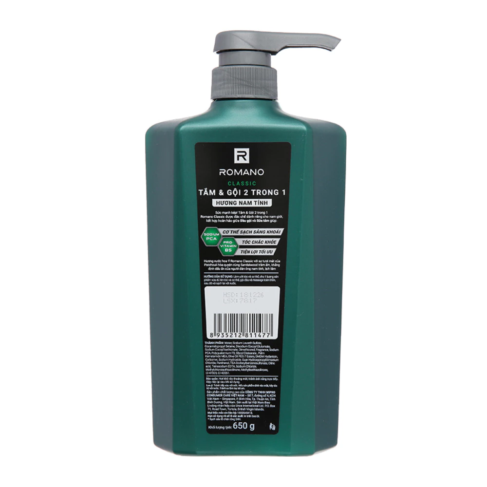 Tắm gội 2 trong 1 Romano hương nước hoa Classic 650g