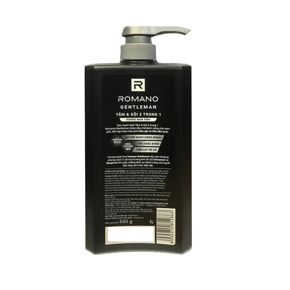 Tắm gội 2 trong 1 Romano hương nước hoa Gentleman 650g