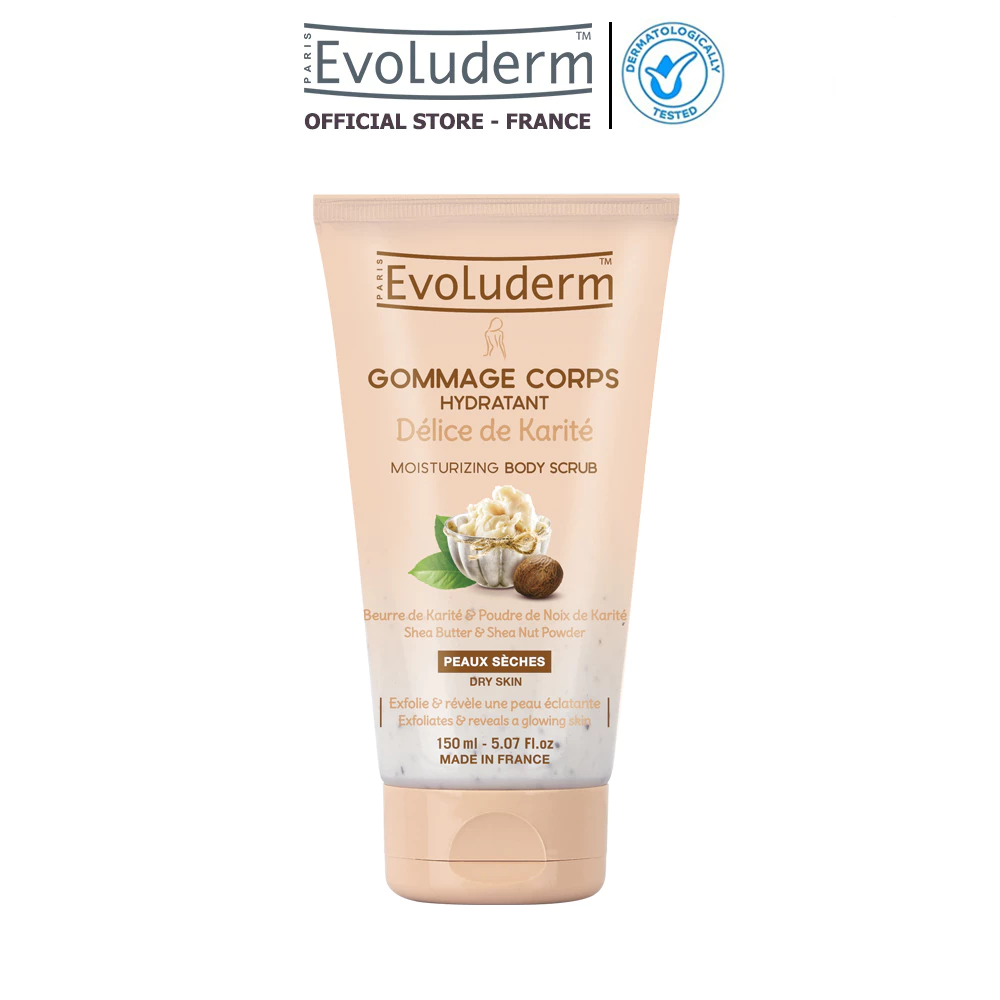 Tẩy da chết toàn thân Evoluderm bơ hạt mỡ cho da khô 150ml