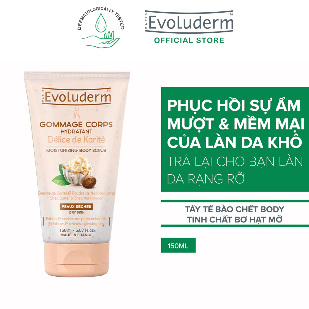 Tẩy da chết toàn thân Evoluderm bơ hạt mỡ cho da khô 150ml