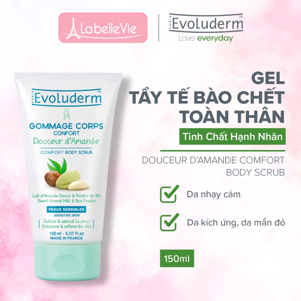 Tẩy da chết toàn thân Evoluderm hạnh nhân cho da nhạy cảm 150ml