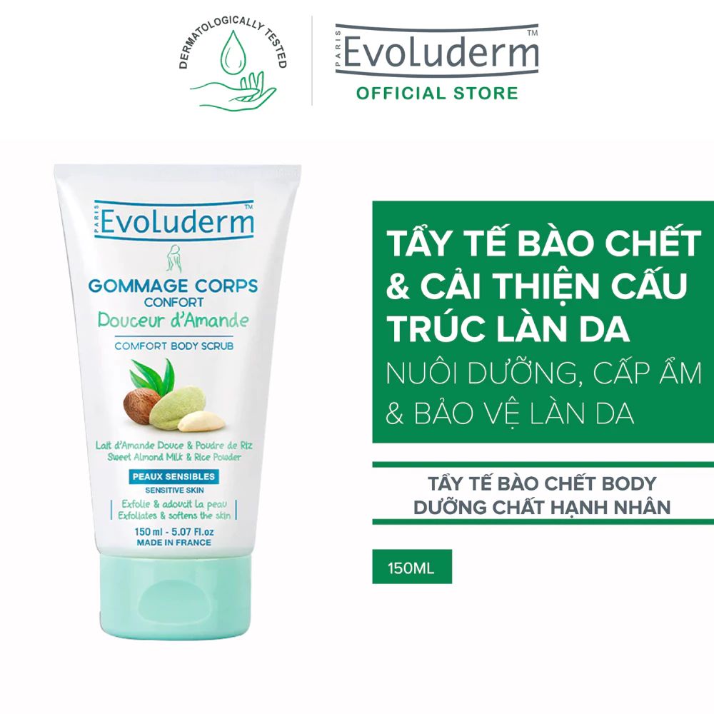 Tẩy da chết toàn thân Evoluderm hạnh nhân cho da nhạy cảm 150ml