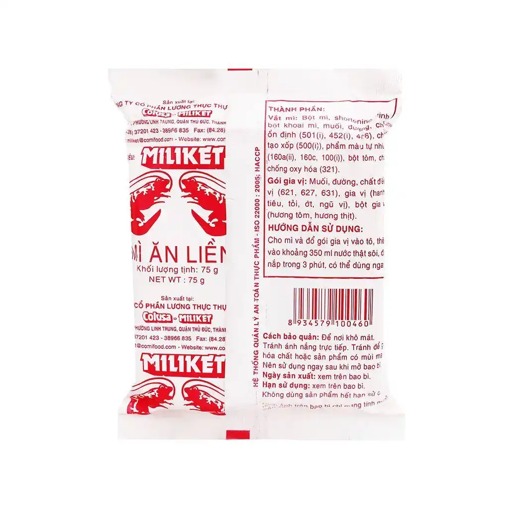 (Thùng 100 gói) Mì Miliket Hai Tôm giấy trắng gói 75g