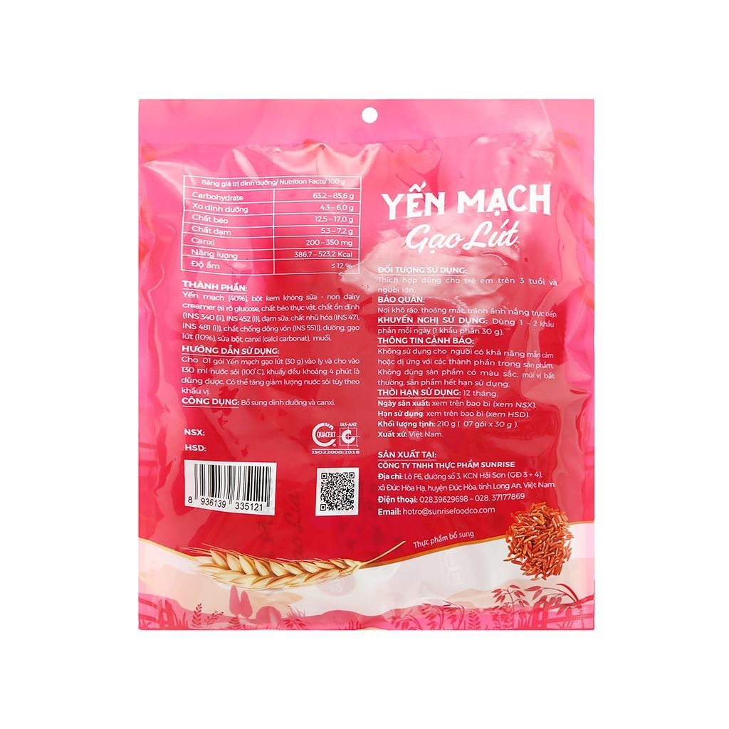 Thực phẩm bổ sung yến mạch gạo lứt Yumfood gói 210g