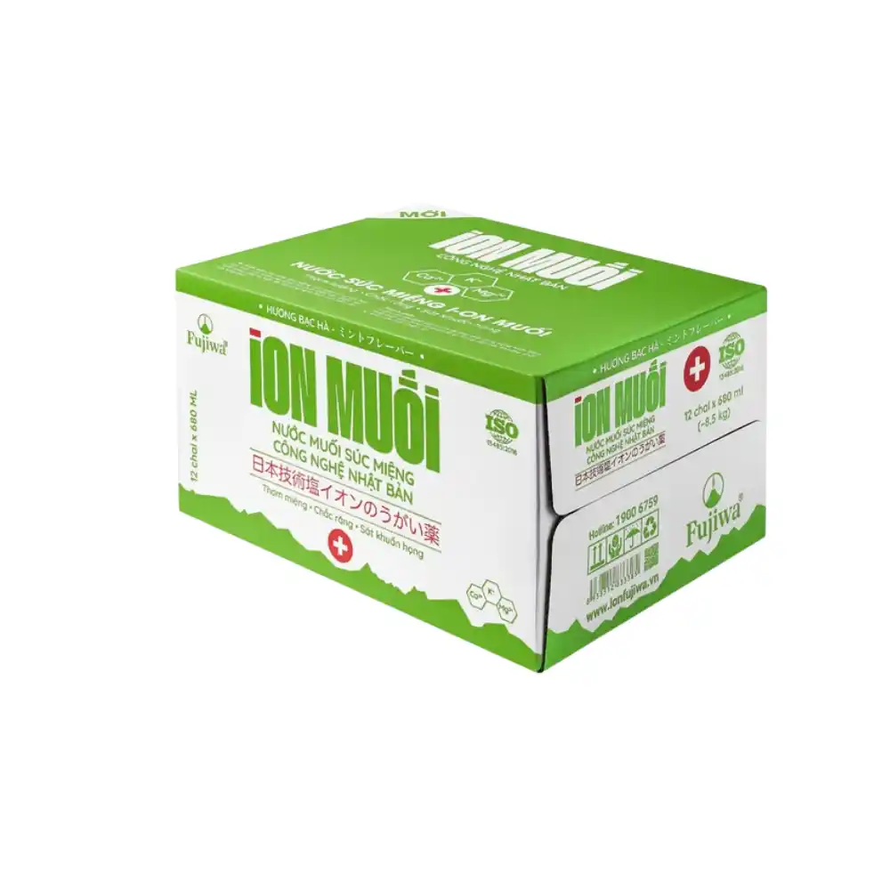 Thùng 12 chai nước muối súc miệng I-on Fujisalt hương bạc hà 680ml