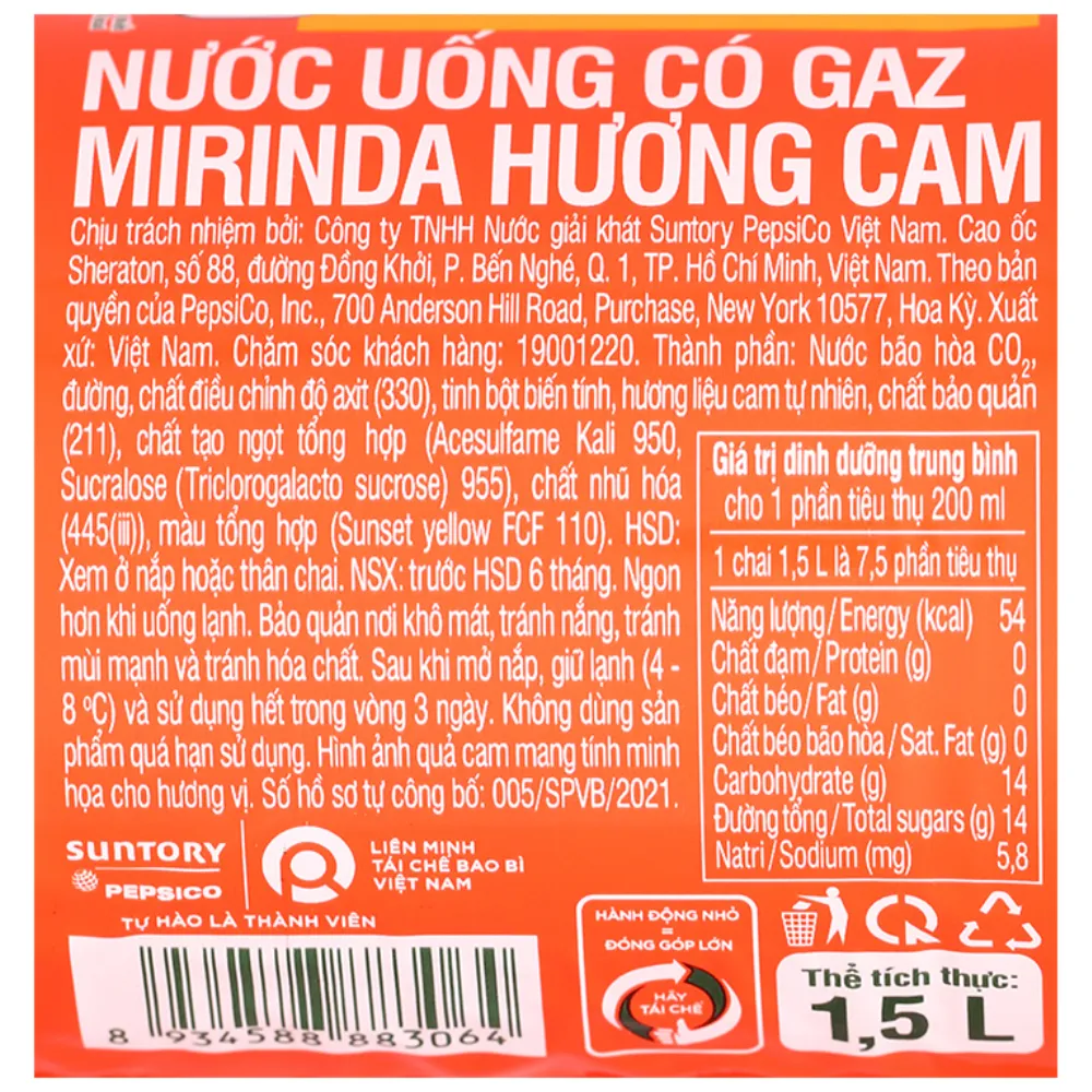 Thùng 12 chai nước ngọt Mirinda cam 1.5L