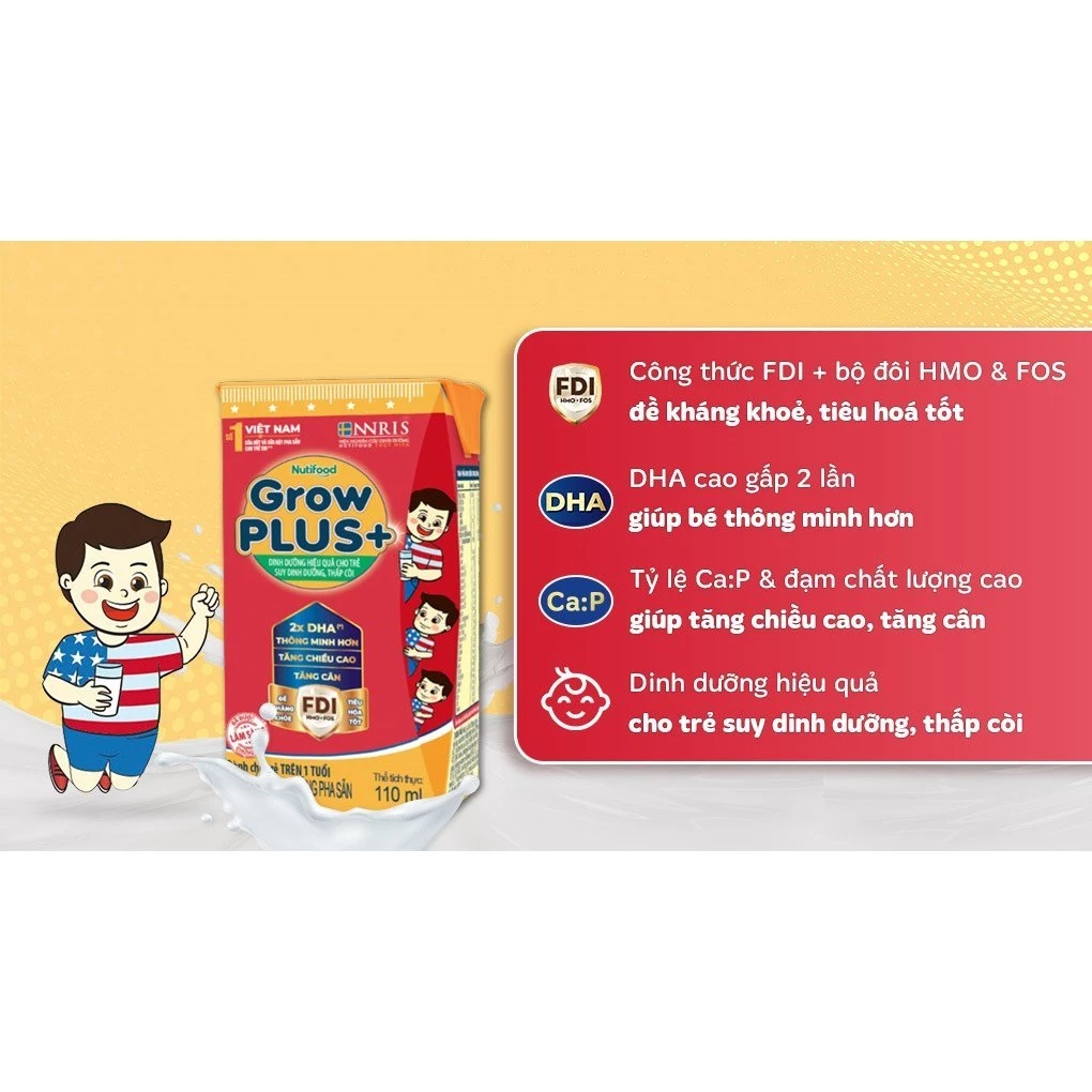 [Thùng 12 lốc] Sữa pha sẵn Nutifood GrowPLUS+ đỏ 110ml và 180ml (lốc 4 hộp)