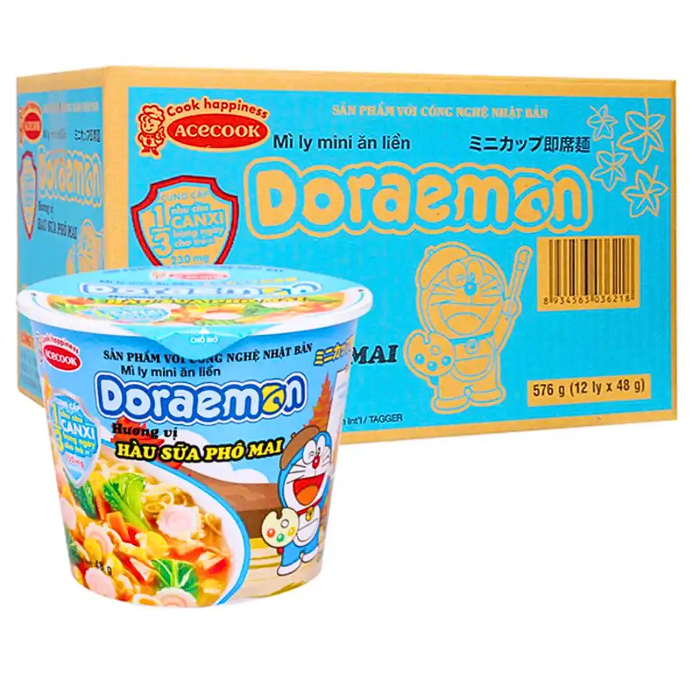 Thùng 12 ly mì mini Doraemon hải sản chua ngọt/hàu sữa phô mai ly 48g/53g