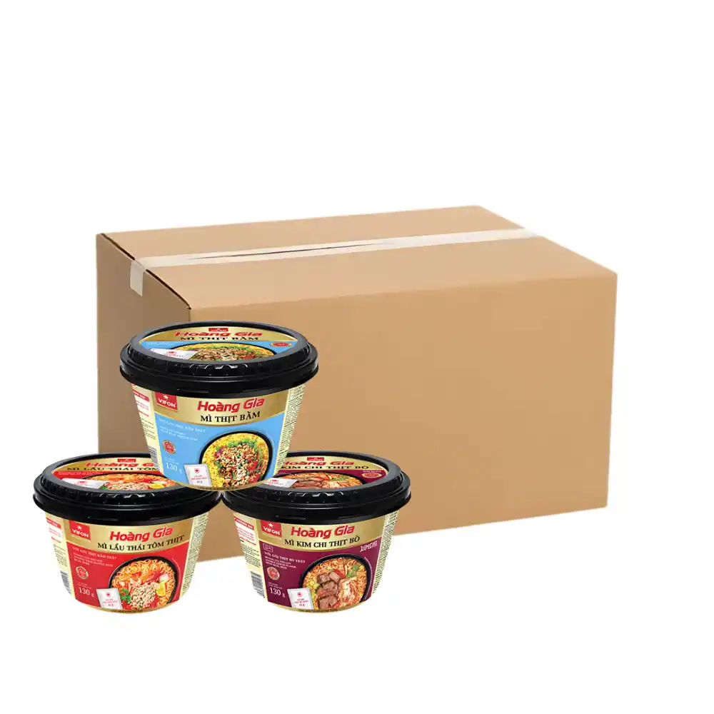 Thùng 12 tô mì kim chi thịt bò,tôm thịt, thịt bằm Vifon Hoàng Gia tô 130g