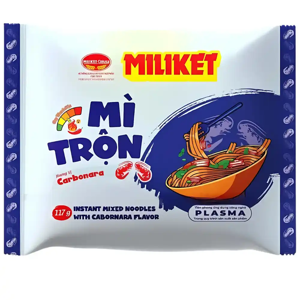 Thùng 16 gói mì trộn Miliket vị phô mai/kebab/carbonara/cà ri/kim chi gói 117g