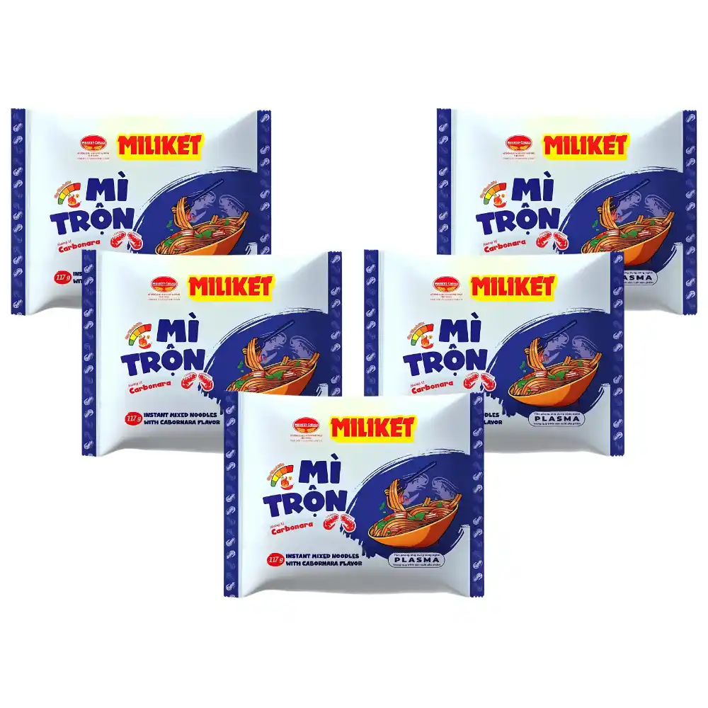 Thùng 16 gói mì trộn Miliket vị phô mai/kebab/carbonara/cà ri/kim chi gói 117g