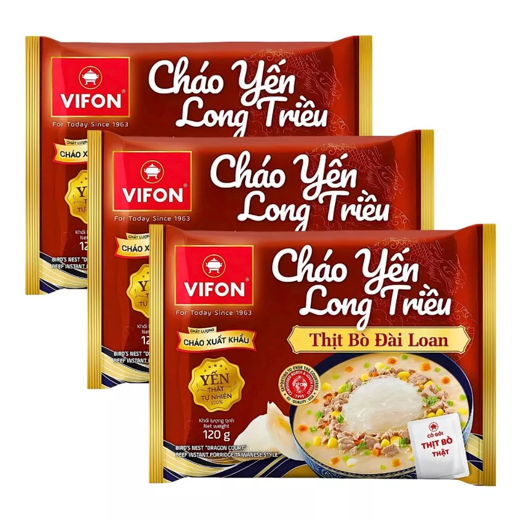 Thùng 18 gói cháo yến Long Triều Vifon vị xương hầm rau củ 110g/thịt bò Đài Loan 120g