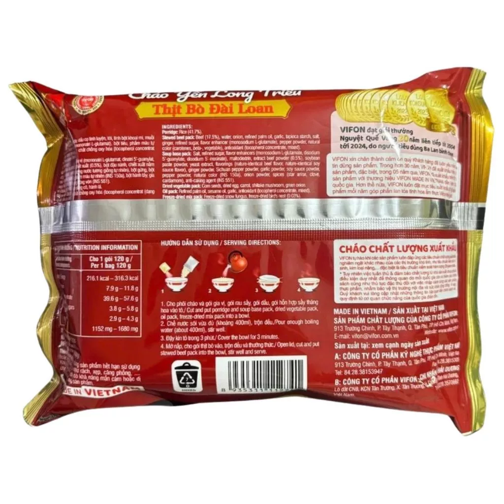 Thùng 18 gói cháo yến Long Triều Vifon vị xương hầm rau củ 110g/thịt bò Đài Loan 120g