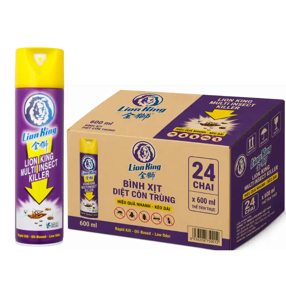 Thùng 24 chai bình xịt ruồi muỗi côn trùng Lion King 600ml