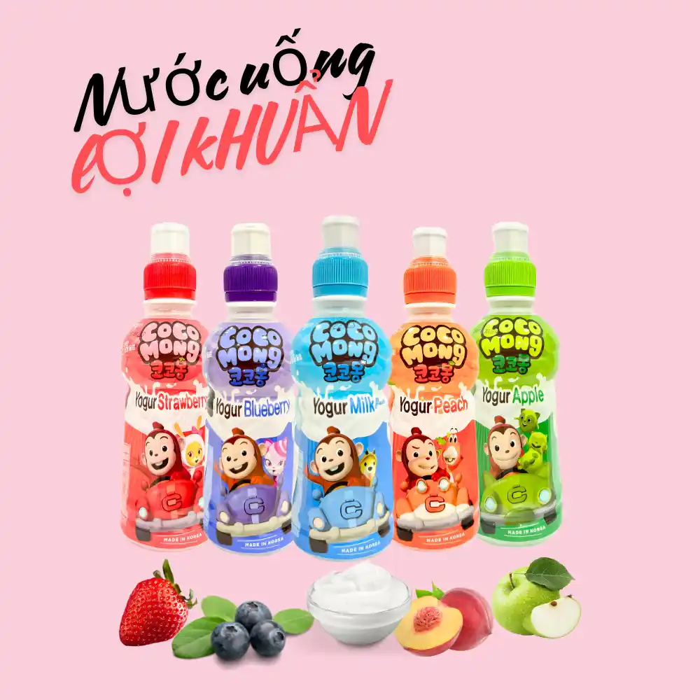 Thùng 24 chai nước lợi khuẩn Cocomong vị sữa/dâu/táo/đào/việt quất chai 235ml