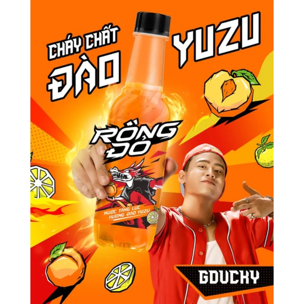 Thùng 24 chai nước tăng lực Rồng Đỏ hương đào Yuzu 330ml