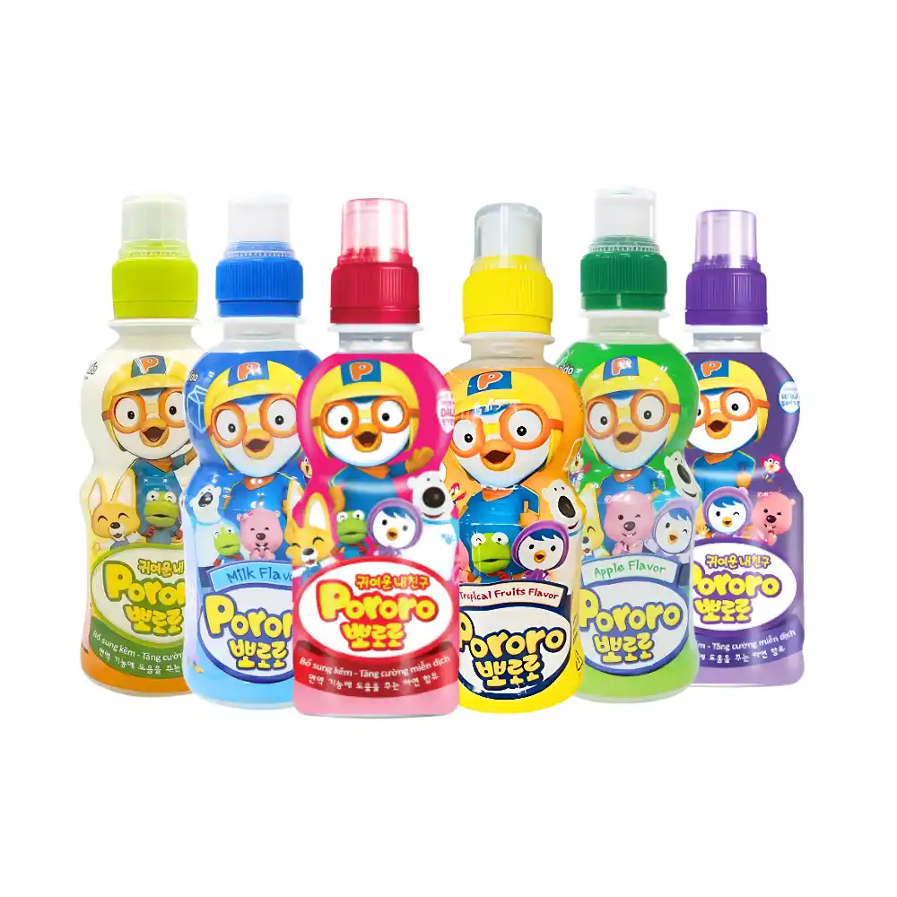 Thùng 24 chai nước trái cây Pororo vị dâu/việt quât/nhiệt đới/táo/sữa/ chuối chai 235ml