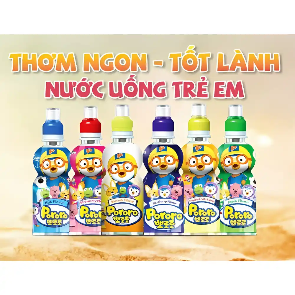 Thùng 24 chai nước trái cây Pororo vị dâu/việt quât/nhiệt đới/táo/sữa/ chuối chai 235ml