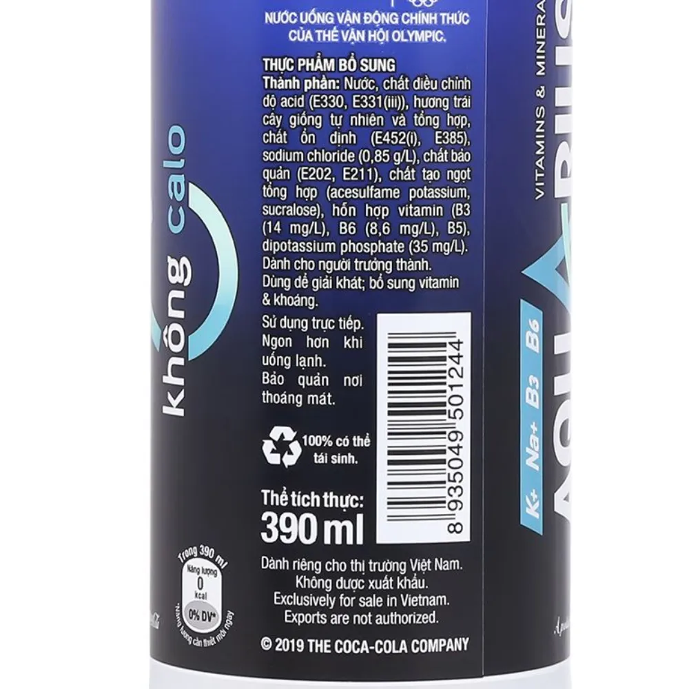 Thùng 24 chai nước uống vận động không calo Aquarius Zero 390ml