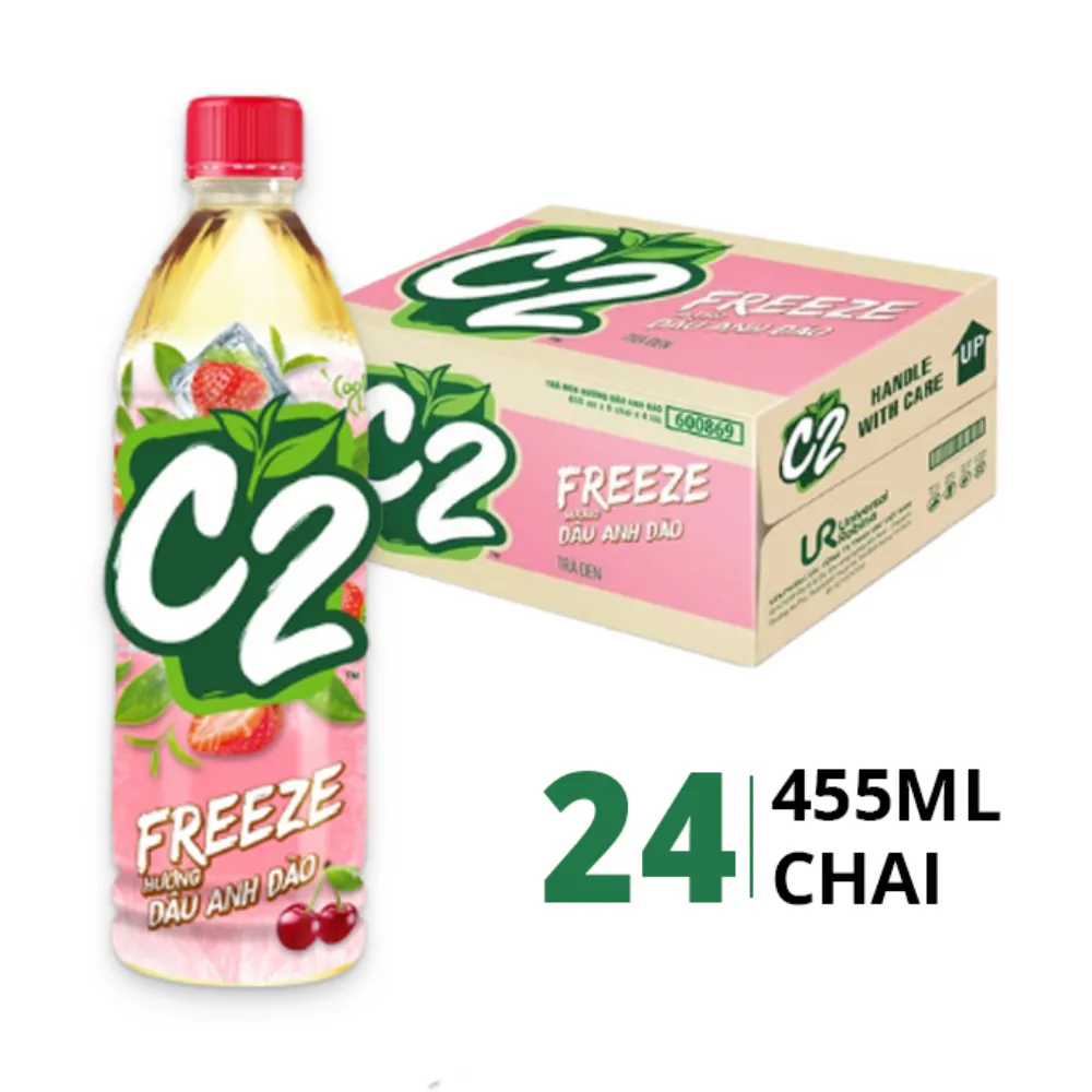 Thùng 24 chai trà xanh C2 Freeze hương dâu anh đào 455ml