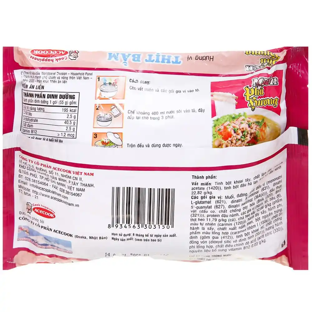 Thùng 24 gói miến Phú Hương nhiều hương vị 54g/55g/58g/63g