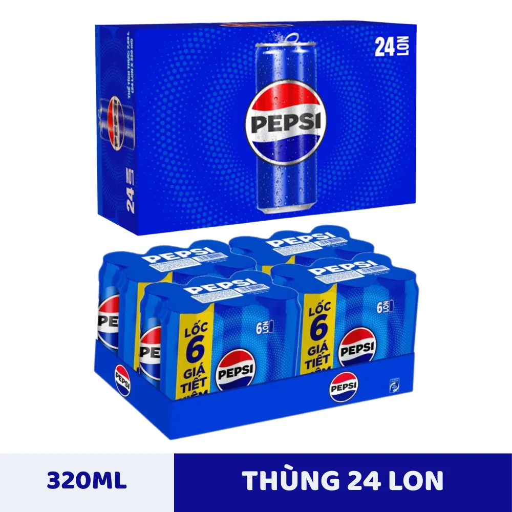 Thùng 24 lon nước ngọt có gaz Pepsi Cola 320ml