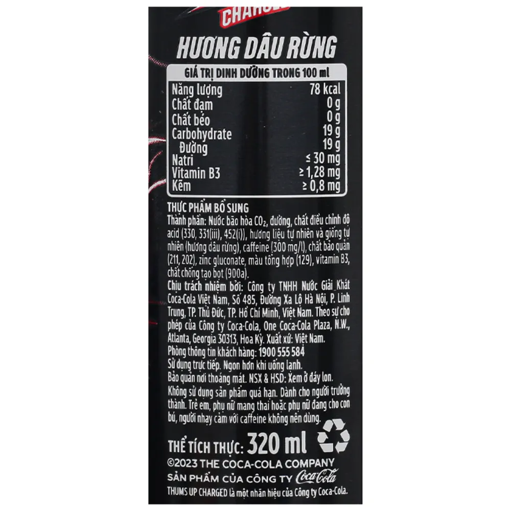 Thùng 24 lon nước tăng lực Thums Up Charged hương dâu rừng 320ml