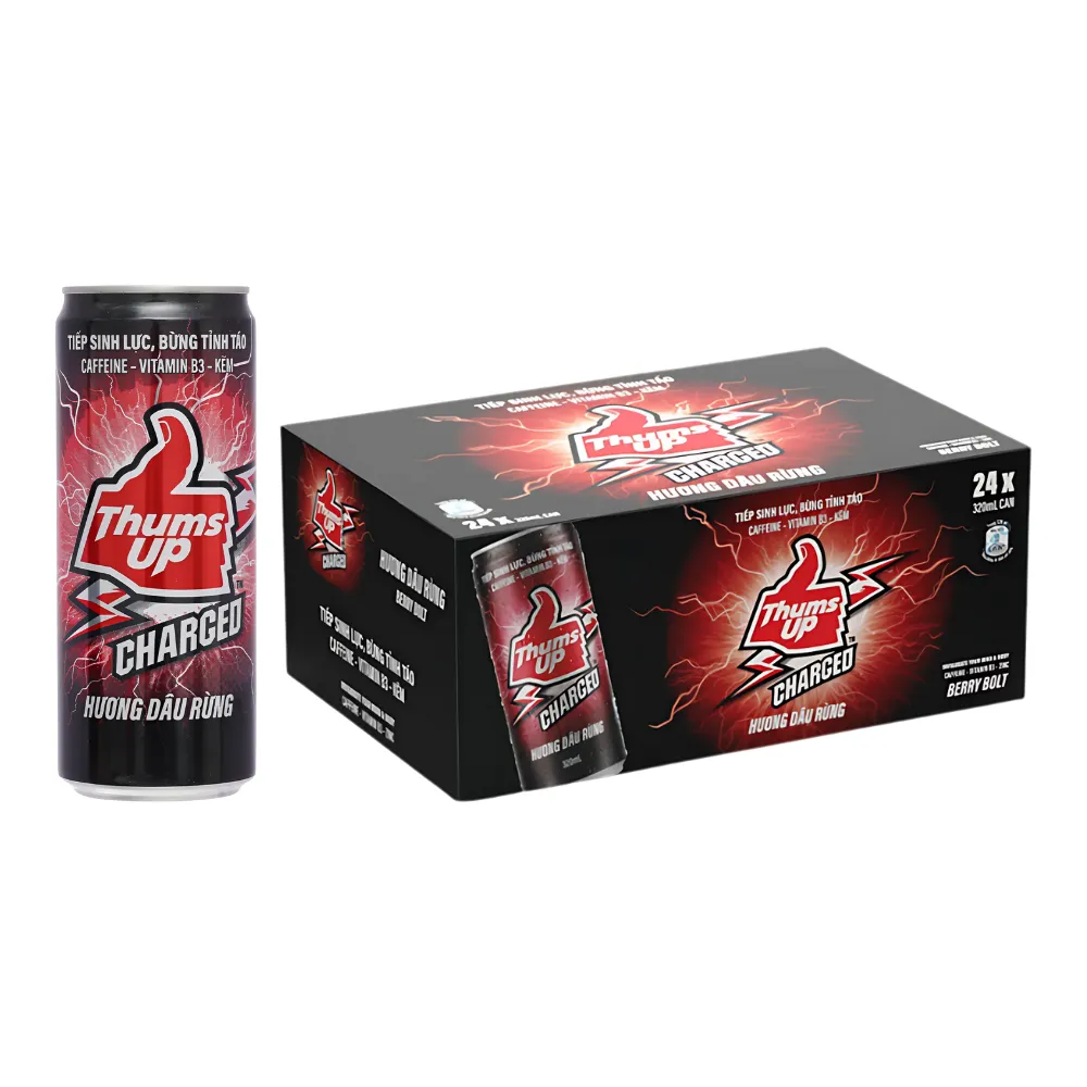 Thùng 24 lon nước tăng lực Thums Up Charged hương dâu rừng 320ml