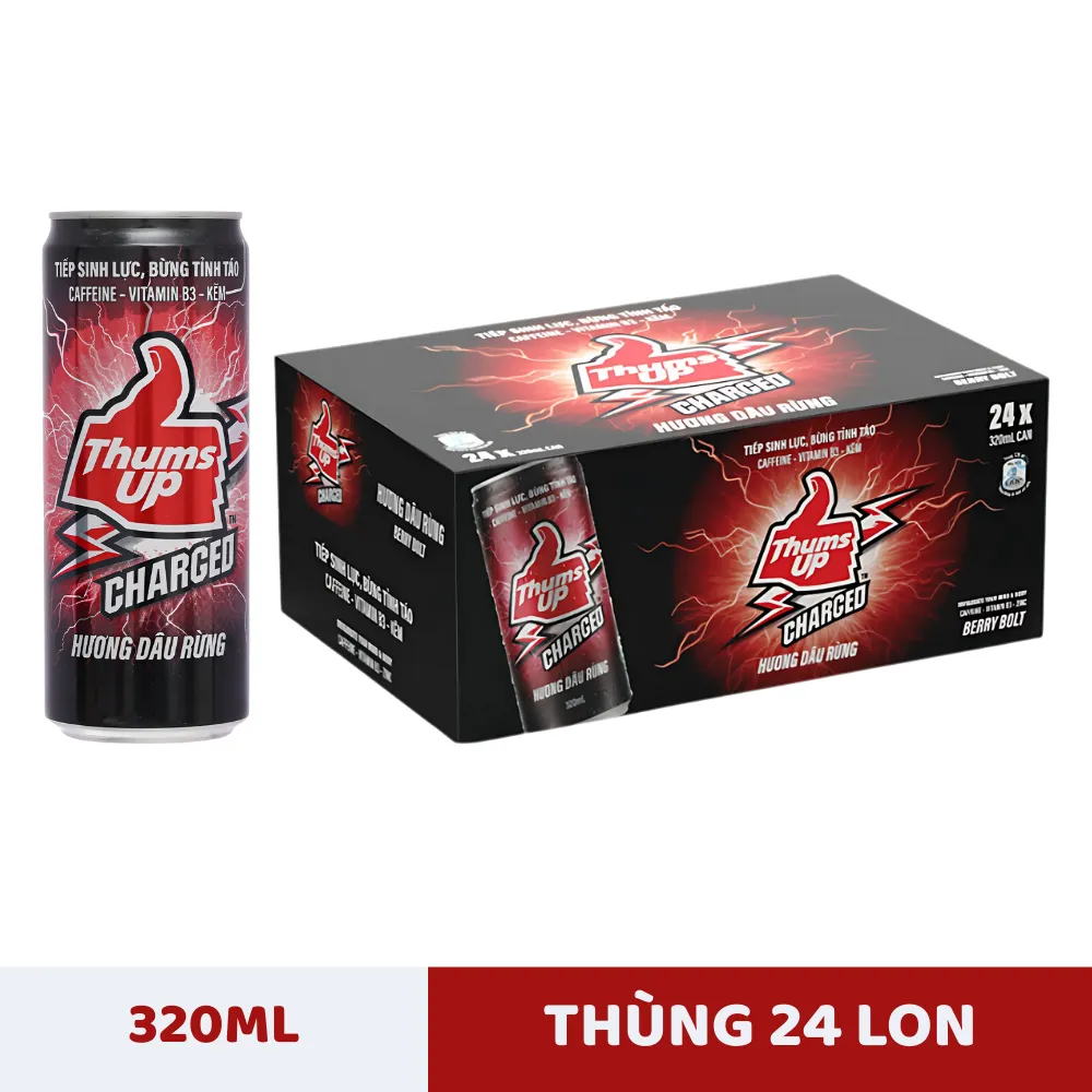 Thùng 24 lon nước tăng lực Thums Up Charged hương dâu rừng 320ml