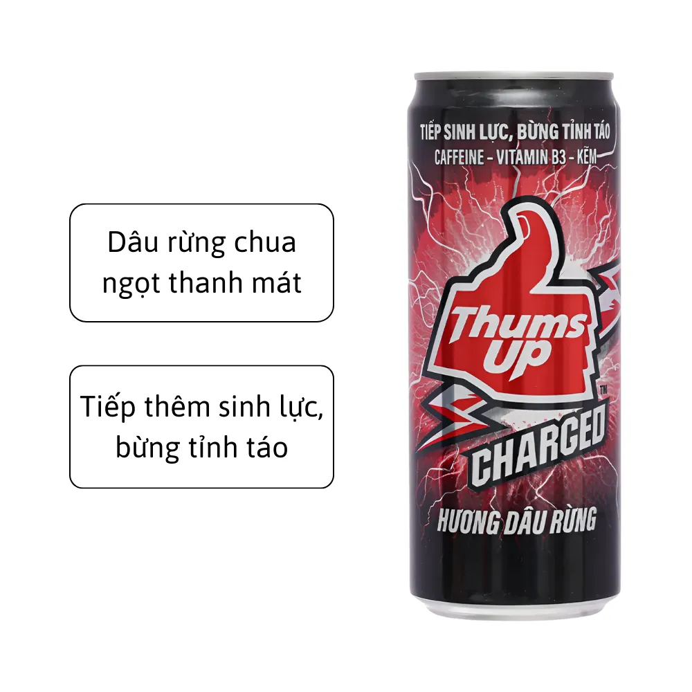 Thùng 24 lon nước tăng lực Thums Up Charged hương dâu rừng 320ml