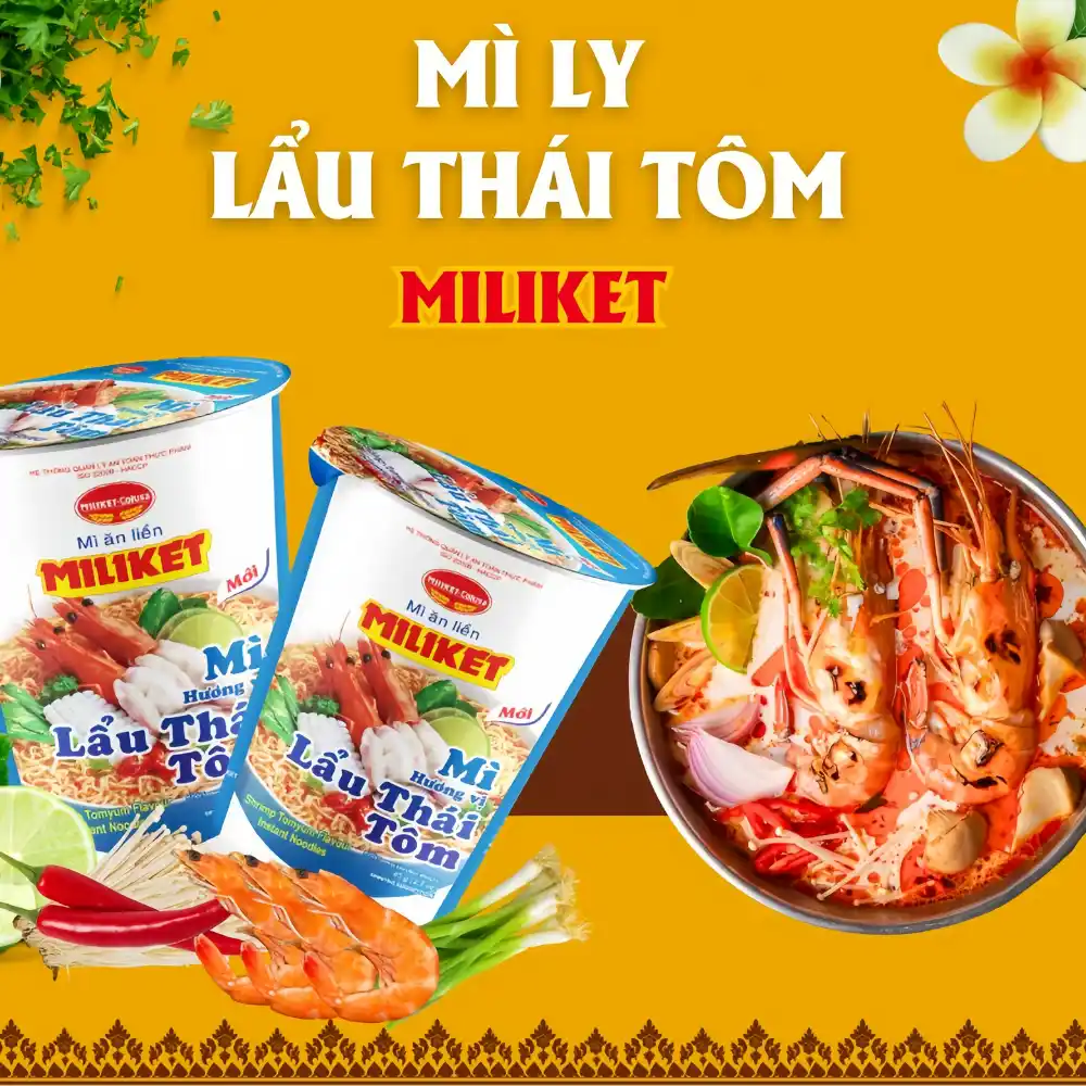 Thùng 24 ly mì Miliket vị lẩu thái tôm ly 65g