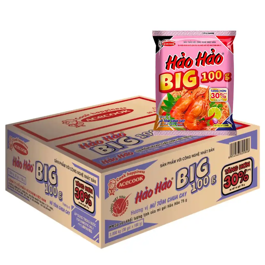 Thùng 30 gói mì Big 100 Hảo Hảo tôm chua cay 100g