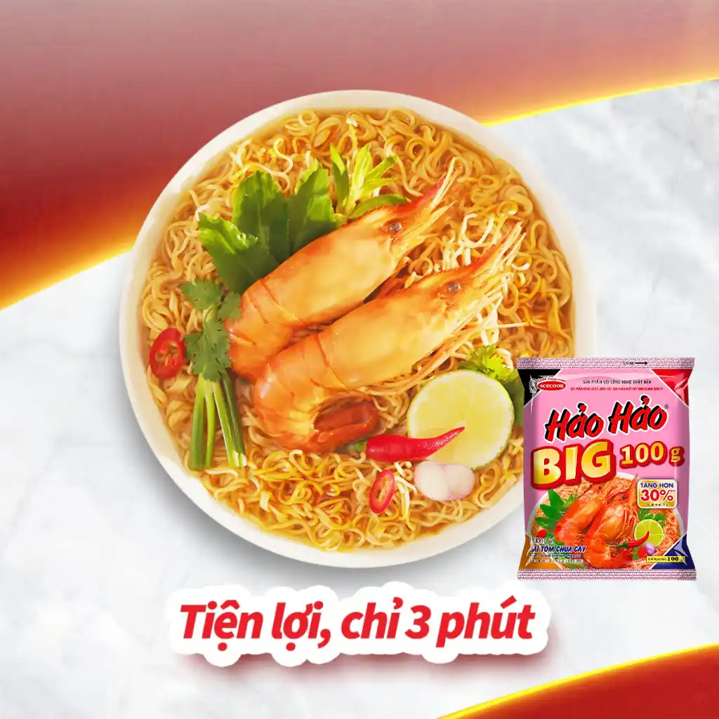 Thùng 30 gói mì Big 100 Hảo Hảo tôm chua cay 100g