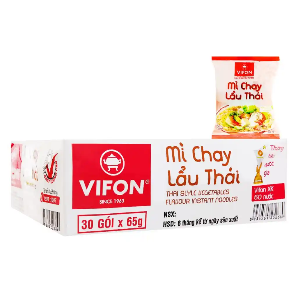 Thùng 30 gói mì chay Vifon vị rau nấm/lẩu thái gói 65g