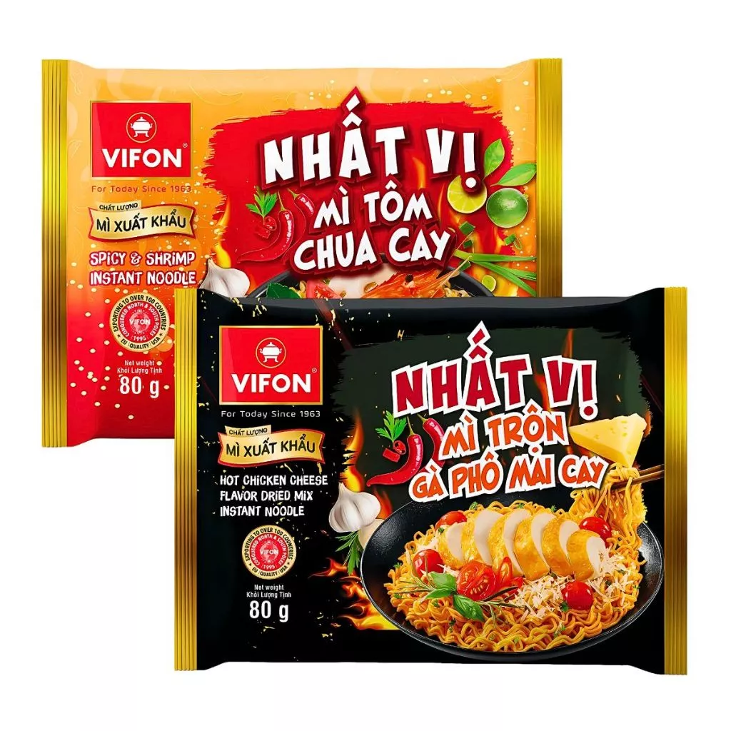 Thùng 30 gói mì xuất khẩu Nhất Vị Vifon vị tôm chua cay/gà phô mai gói 80g