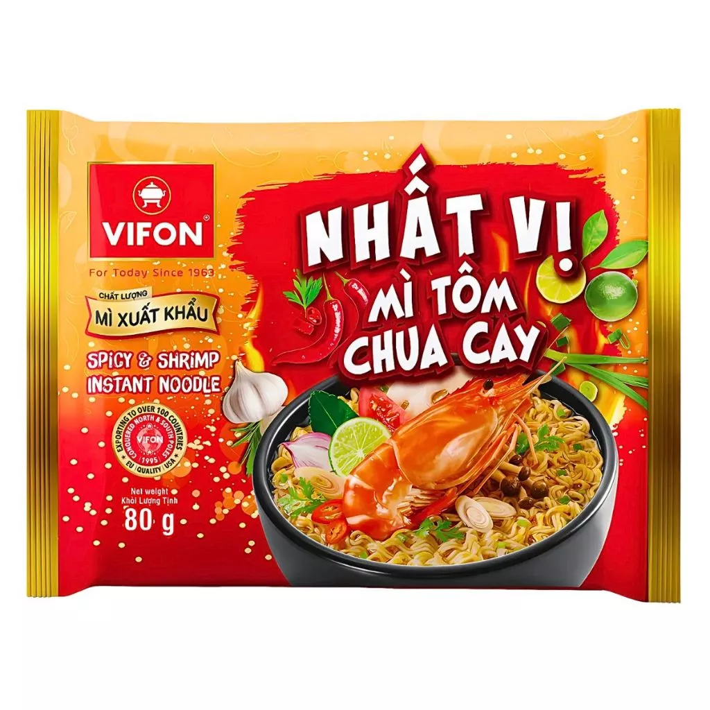 Thùng 30 gói mì xuất khẩu Nhất Vị Vifon vị tôm chua cay/gà phô mai gói 80g