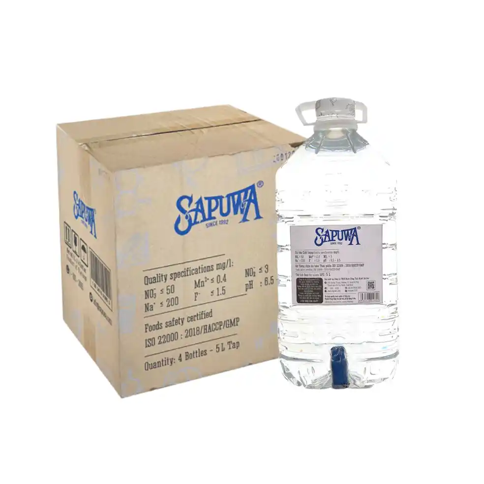 Thùng 4 bình nước uống tinh khiết Sapuwa 5L có vòi
