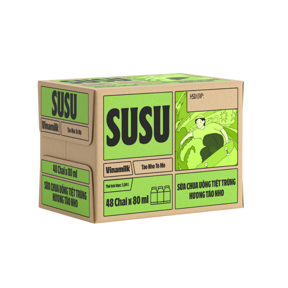 Thùng 48 chai sữa chua uống tiệt trùng Susu hương dâu/cam/táo nho/việt quất chuối 80ml