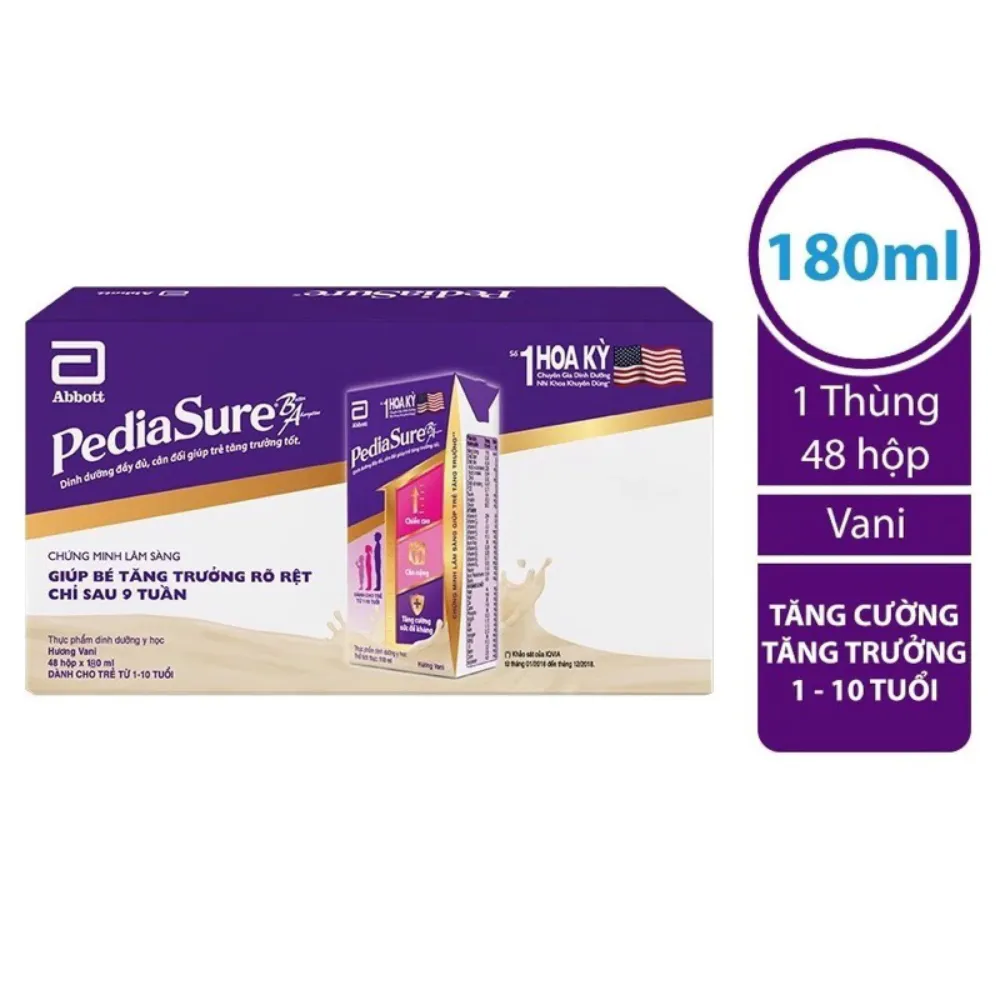 [Thùng 48 hộp] Sữa bột pha sẵn Abbott Pediasure hương vani 180ml cho bé 1 - 10 tuổi