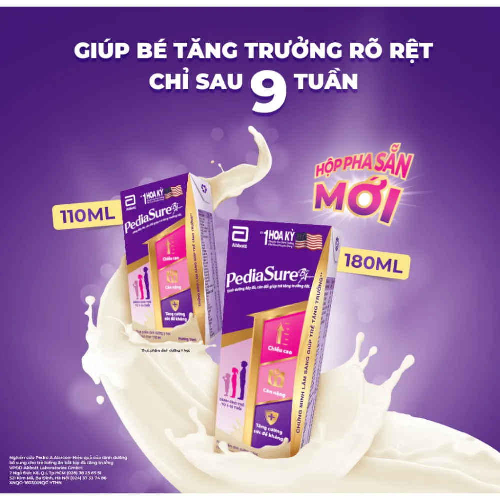 [Thùng 48 hộp] Sữa bột pha sẵn Abbott Pediasure hương vani 180ml cho bé 1 - 10 tuổi