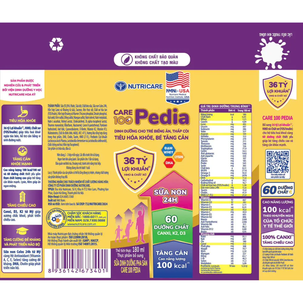 Thùng 48 hộp sữa bột pha sẵn Care 100 Pedia 180ml