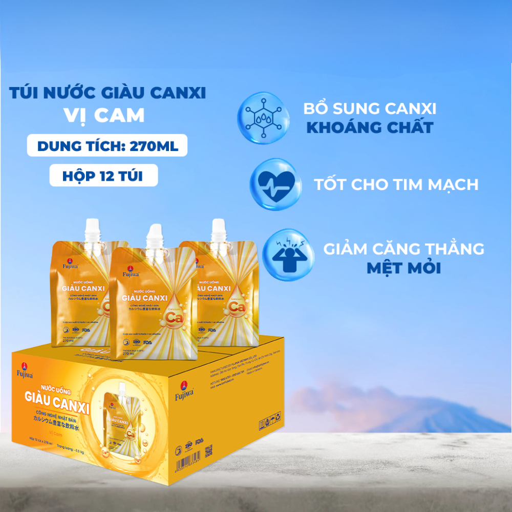 Thùng 48 túi nước uống giàu canxi Fujiwa vị cam 270ml