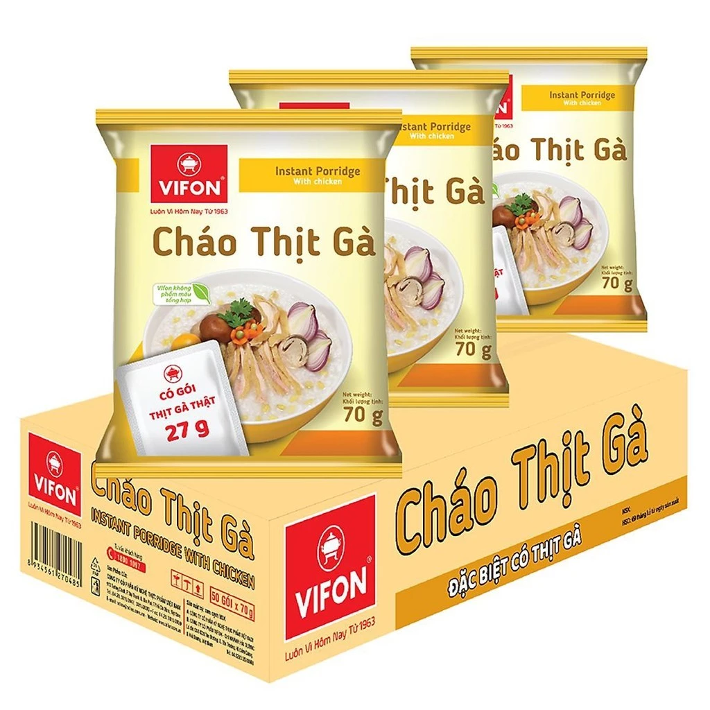 Thùng 50 gói cháo sườn/thịt bò/thịt bằm/thịt gà/trứng muối/nấm đông cô Vifon 70g