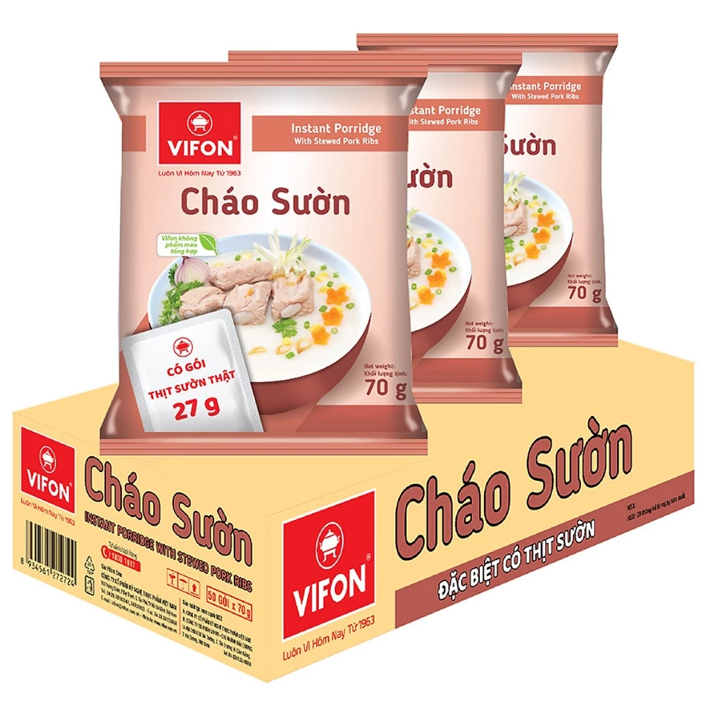 Thùng 50 gói cháo sườn/thịt bò/thịt bằm/thịt gà/trứng muối/nấm đông cô Vifon 70g