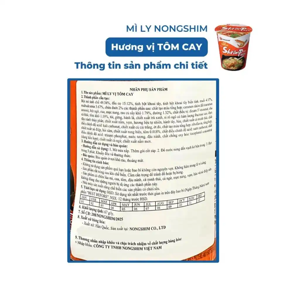 Thùng 6/12 ly mì Nongshim vị tôm ly 62g