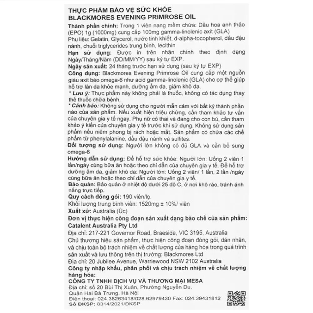 Tinh dầu hoa anh thảo Blackmores evening primrose oil (190 viên)