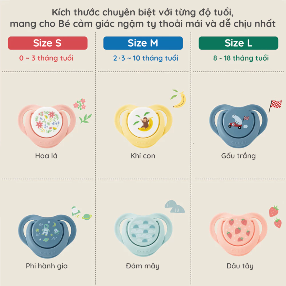 Ty ngậm Combi Sleep siêu nhẹ hoa lá/phi hành gia/khỉ con/đám mây/gấu trắng/dâu tây size S/M/L
