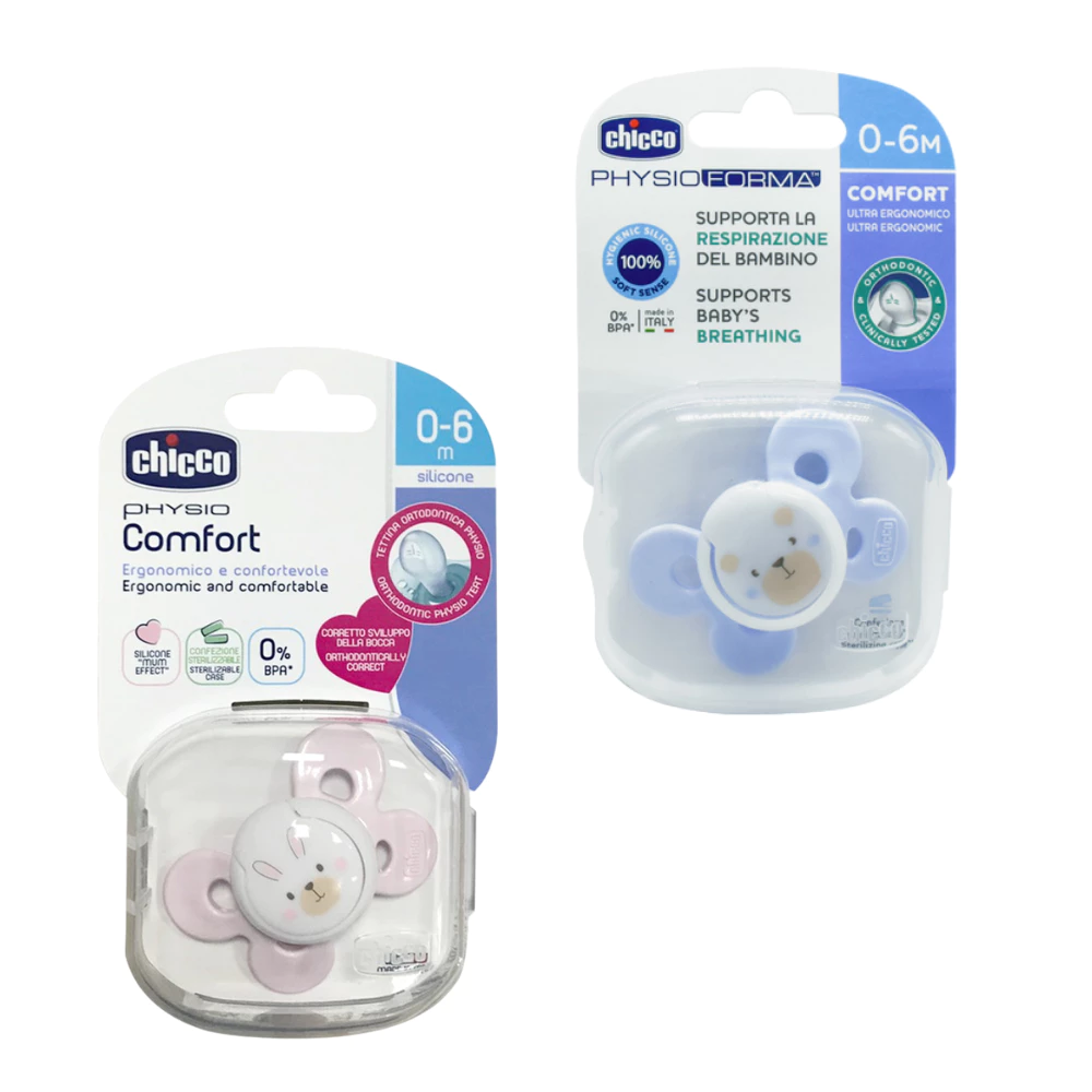 Ty ngậm Silicone Chicco Physio Comfort màu hồng và màu xanh 0-6M