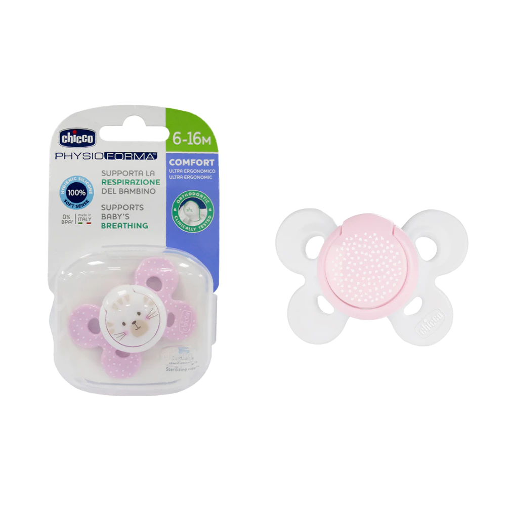 Ty ngậm Silicone Chicco Physio Comfort màu hồng và màu xanh 6M-16M