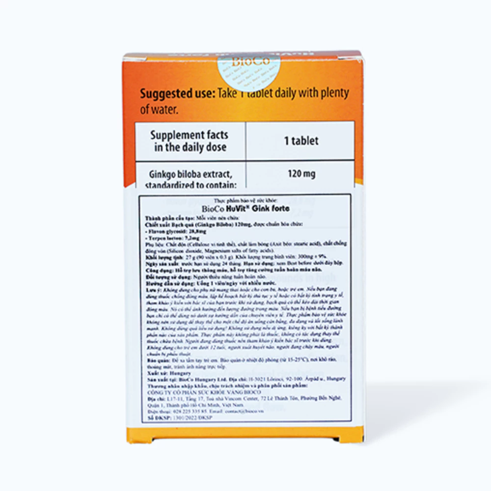 Viên uống BioCo HuVit Gink forte hỗ trợ hoạt huyết, tan máu đông, tăng cường lưu thông máu lên não (hộp 90 viên)